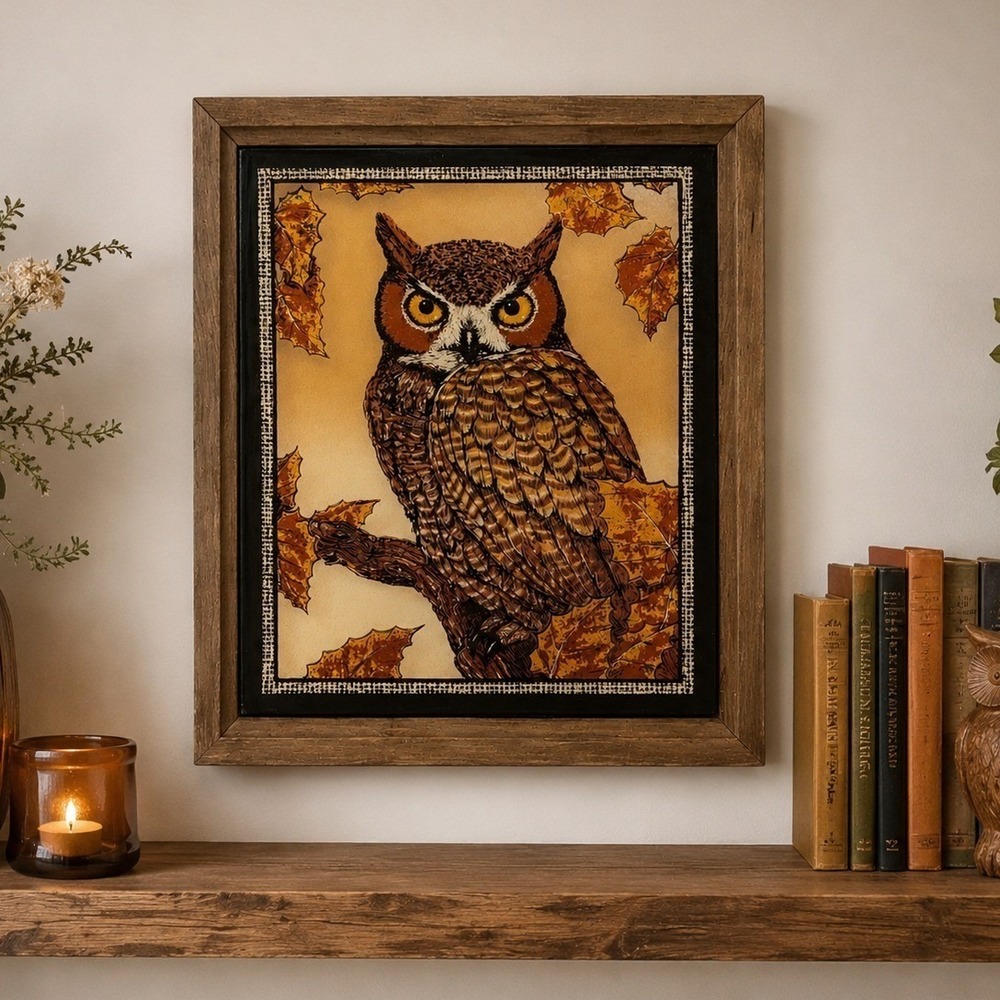 Vintage Owl Wall Art Shadowbox Hanging Wood Frame Autumn Picture Decor 11x9"